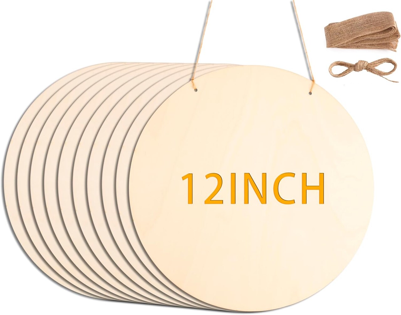 10Pcs 12 Inch Wood Circles for Crafts, Unfinished Wood Blank Wooden Door Hanger Sign